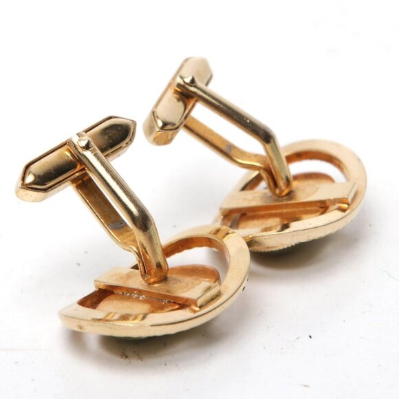 Vintage Gold Metal Green Stone Cufflinks Nested Jade Oval Retro Classic - Picture 3 of 5